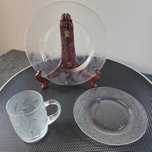 Vintage Coca Cola Embossed Glass Plates Set of 2 + Frosted Mug Tableware Logo